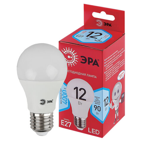 Лампа светодиодная ЭРА, 12(70)Вт, цоколь Е27, груша, нейтральный белый, 25000ч,LED A60-12W-4000-E27 