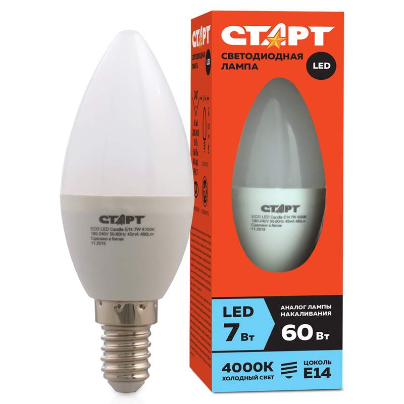 Лампа светодиодная Старт LED, серия "ЭКО" 7W40, тип С "свеча", E14, 4000К, холодный свет, 15000ч 10667
