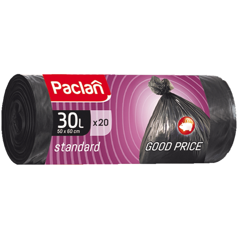 Мешки для мусора  30л Paclan "Standard" ПНД, 50*60см, 7,3мкм, 20шт., черные, в рулоне 402100/163457
