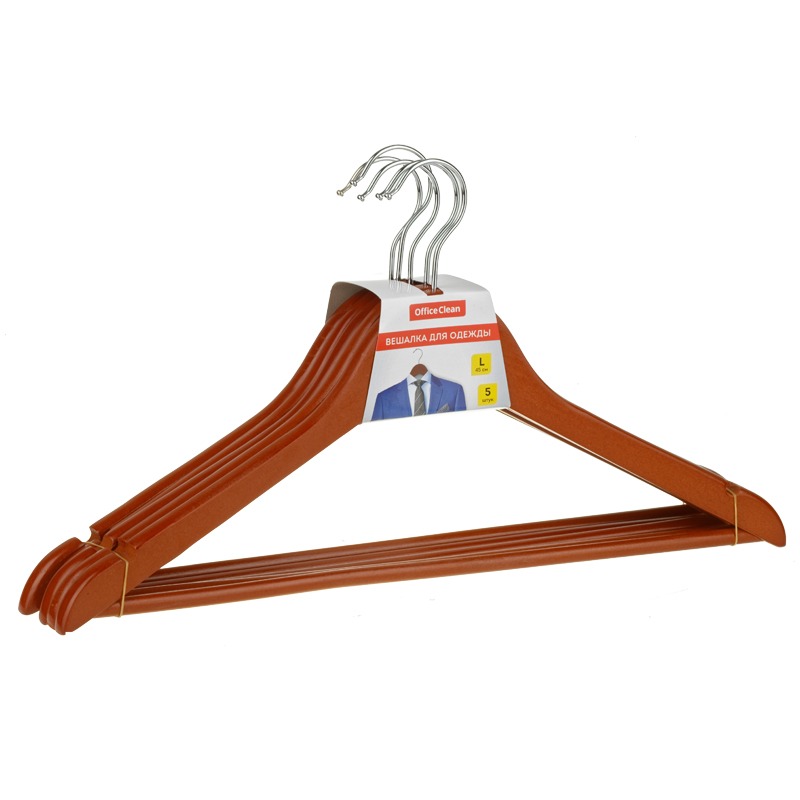 Вешалка-плечики OfficeClean, набор 5шт., деревянные, с перекладиной, 45см, цвет вишня 280586