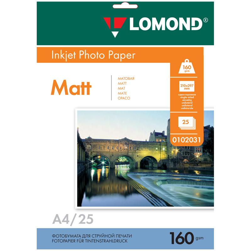 Фотобумага А4 для стр.принтеров Lomond, 160г/м2 (25л) матовая односторонняя 102031