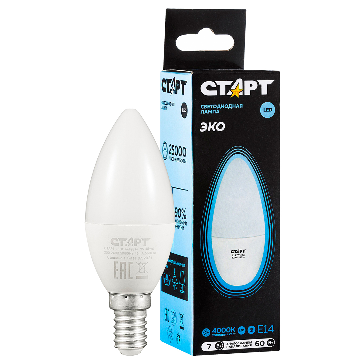 Лампа светодиодная Старт LED, серия "WS" 7W40, тип С "свеча", E14, 4000К, нейтральный свет, 25000ч 17281