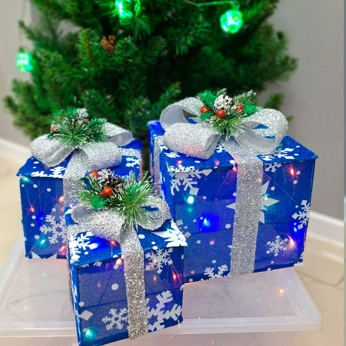Подарок светящийся под елку, комплект 3шт синий, бант серебро