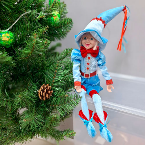 Новогодняя игрушка Эльф, 48 см, со сгибающимися руками и ногами голубые штаны