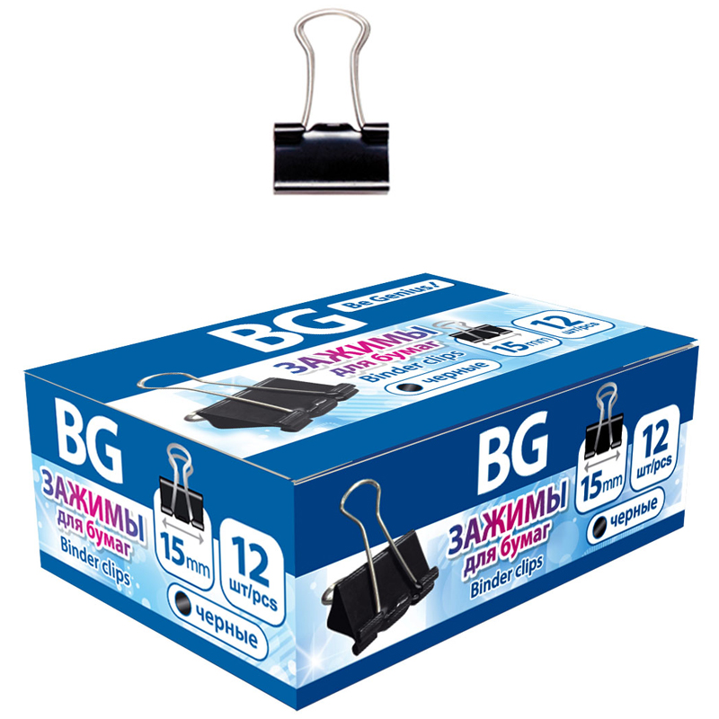 Зажимы для бумаг 15мм, BG, 12шт., черные, картонная коробка Z15 7484