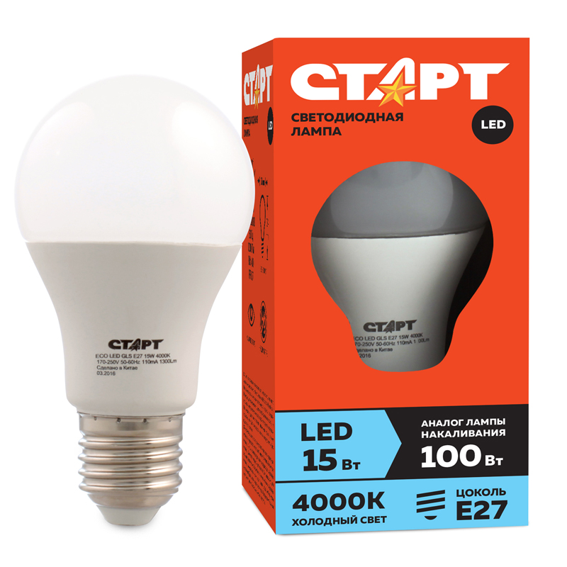 Лампа светодиодная Старт LED, серия "ЭКО" 15W40, тип А "груша" E27, 4000К, холодный свет, 15000ч 14826/10665