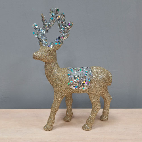 Олень декор блестки золото 22см XQ21