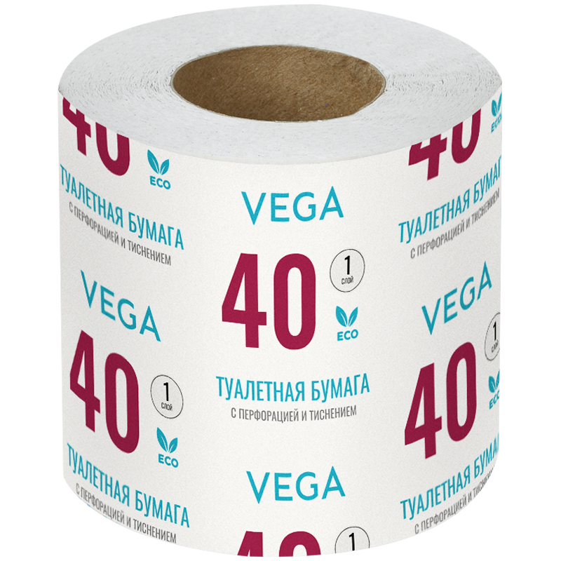 Бумага туалетная Vega, 1-слойная, 40м/рул., на втулке, с перф., с тиснением, белая 339243