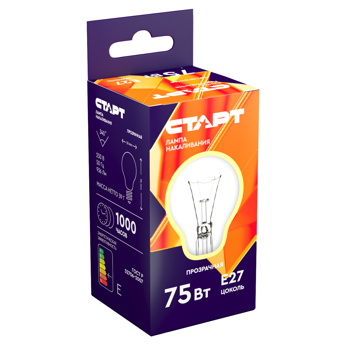 Лампа накаливания Старт Б 75W, E27, прозрачная 10476/11961/10471