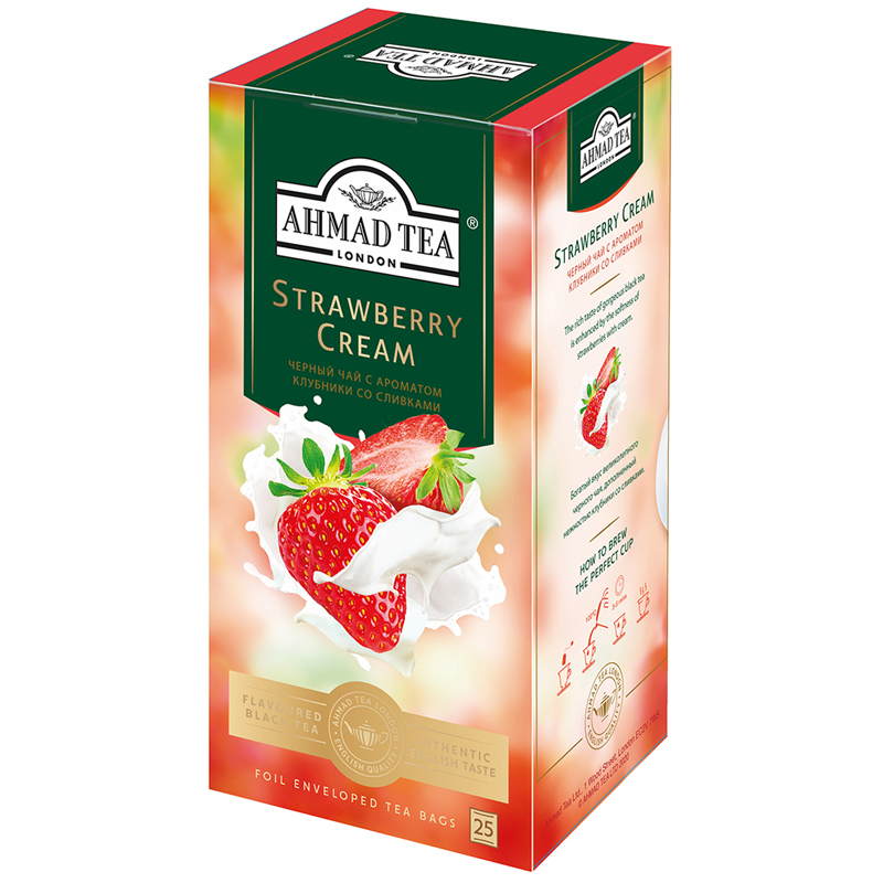 Чай Ahmad Tea "Strawberry Cream", черный, с аром. клубники со сливками, 25 фольг. пакетиков по 1,5г 