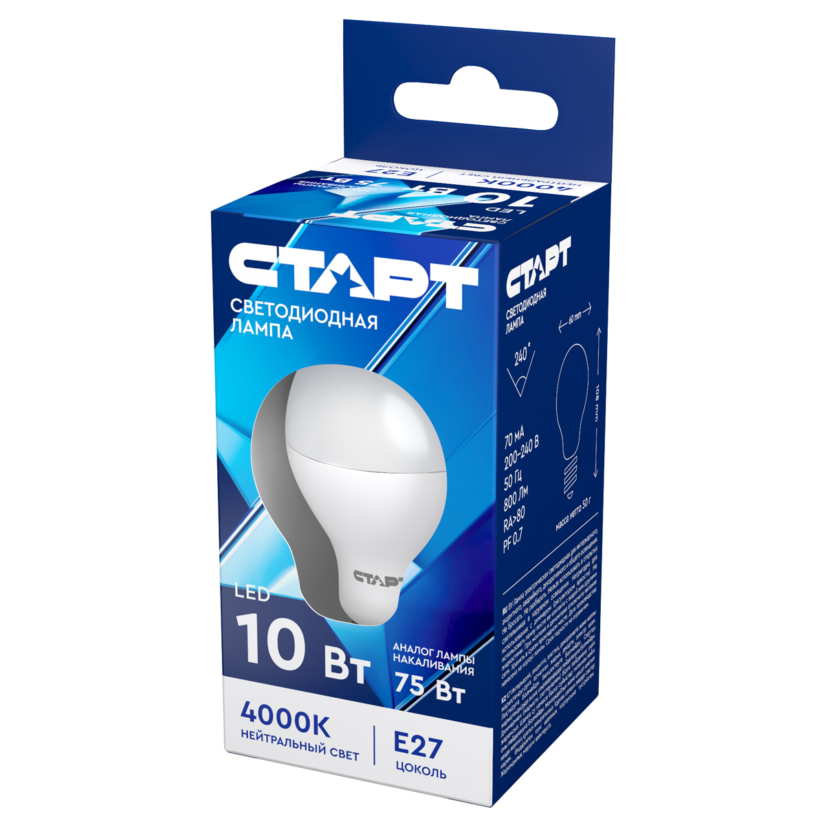 Лампа светодиодная Старт LED, серия "ЭКО" 10W40, тип А "груша", E27, 4000К, холодный свет, 15000ч 14824/10663