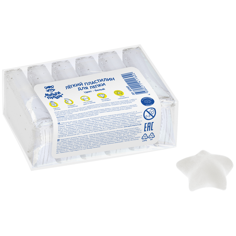 Легкий пластилин для лепки Мульти-Пульти, белый, 6шт., 60г, прозрачный пакет ЛП_43160