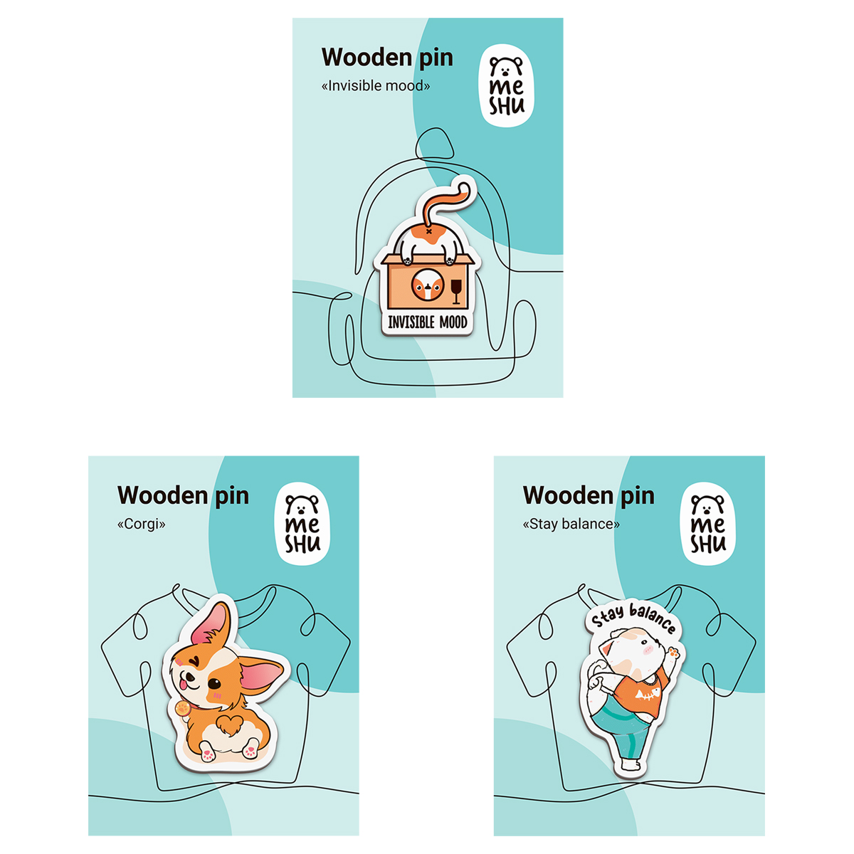 Набор деревянных значков MESHU "Sports animals", каширование, 3шт. MS_54877