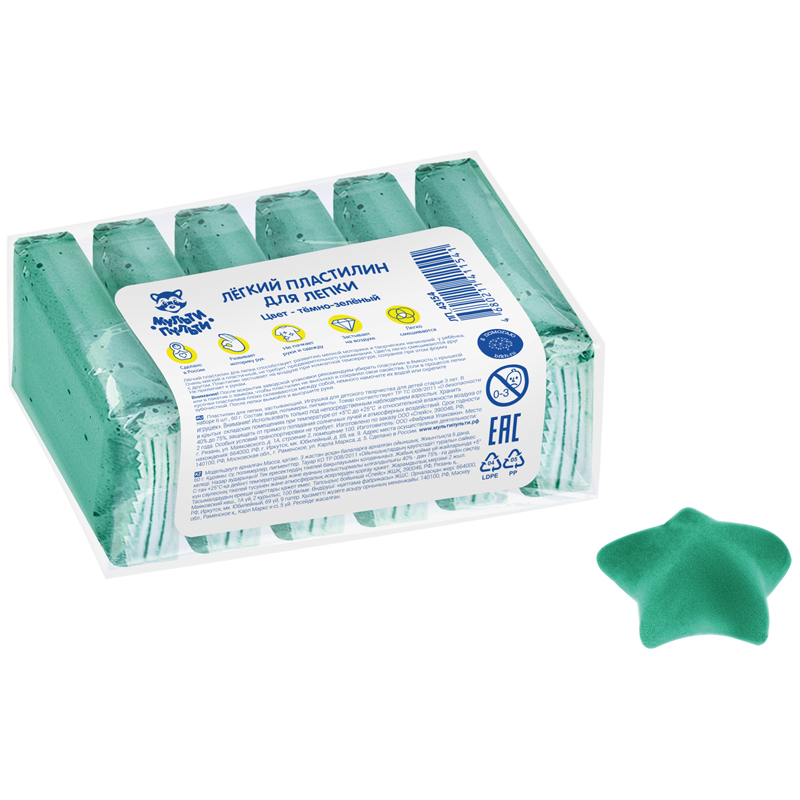Легкий пластилин для лепки Мульти-Пульти, темно-зеленый, 6шт., 60г, прозрачный пакет ЛП_43154