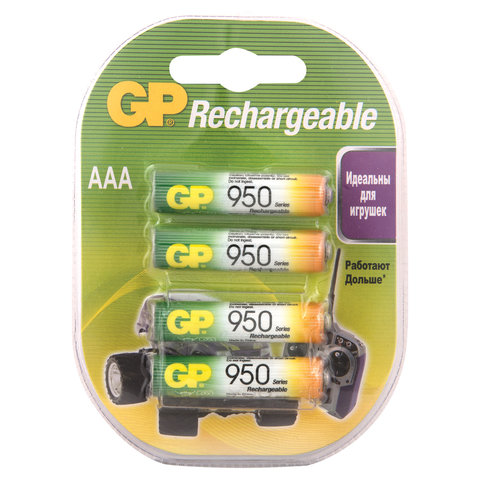Батарейки аккумуляторные КОМПЛЕКТ 4 шт, GP, AAA (HR03), Ni-Mh, 950 mAh, блистер, 95AAAHC-2DECRC4