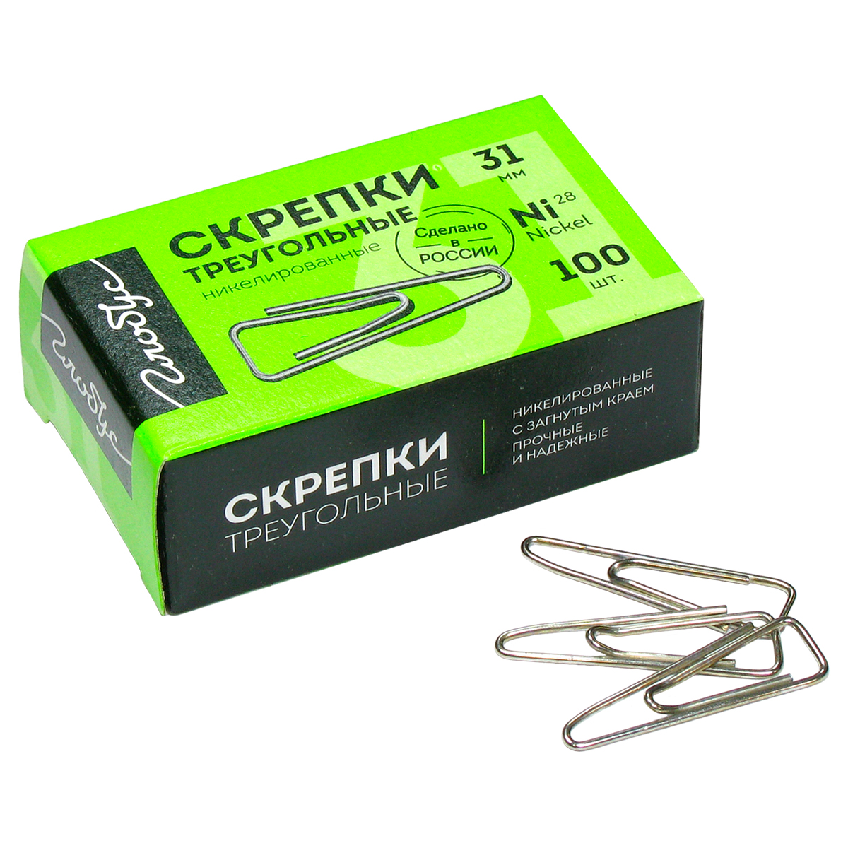 Скрепки 31мм, Globus, 100шт., никелированные треугольные, с отогнутым носиком, карт. упаковка С31-100Н