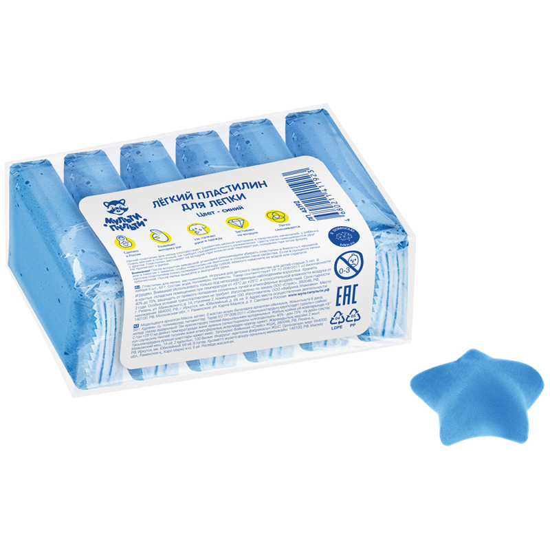 Легкий пластилин для лепки Мульти-Пульти, синий, 6шт., 60г, прозрачный пакет ЛП_43192