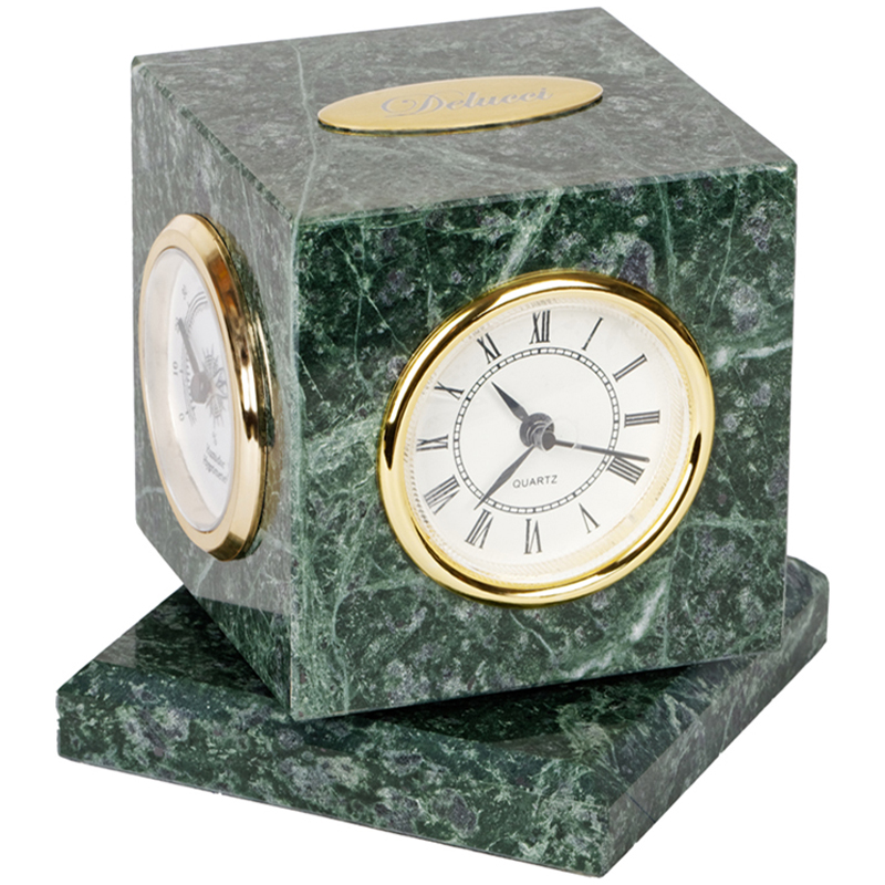 Куб вращающийся Delucci с часами, термометром, гигрометром, зеленый мрамор MBm_00006