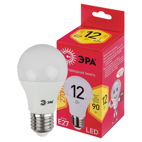Лампа светодиодная ЭРА, 12(90)Вт, цоколь Е27, груша, теплый белый, 25000ч, LED A60-12W-3000-E27 Б005