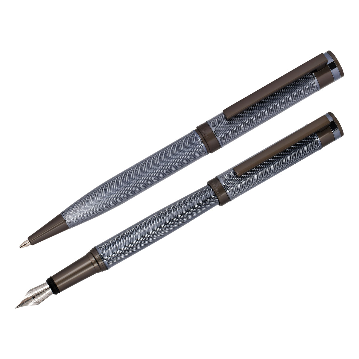 Набор Delucci "Stellato": ручка перьевая черная 0,8мм и ручка шариковая синяя 1мм, корпус серебро/хр