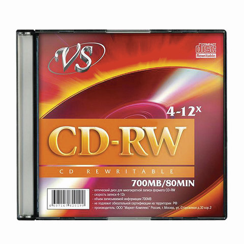 Диск CD-RW VS 700Mb 4-12x Slim Case (1 штука), VSCDRWSL01 (ш/к - 20199) VSCDRWSL01
