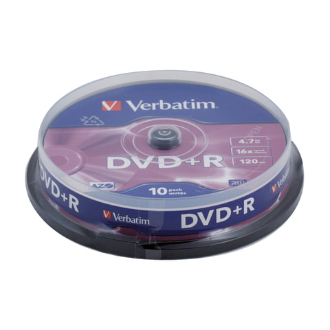 Диски DVD+R(плюс) VERBATIM 4,7Gb 16x КОМПЛЕКТ 10шт. Cake Box 43498 (ш/к-4986) 43498
