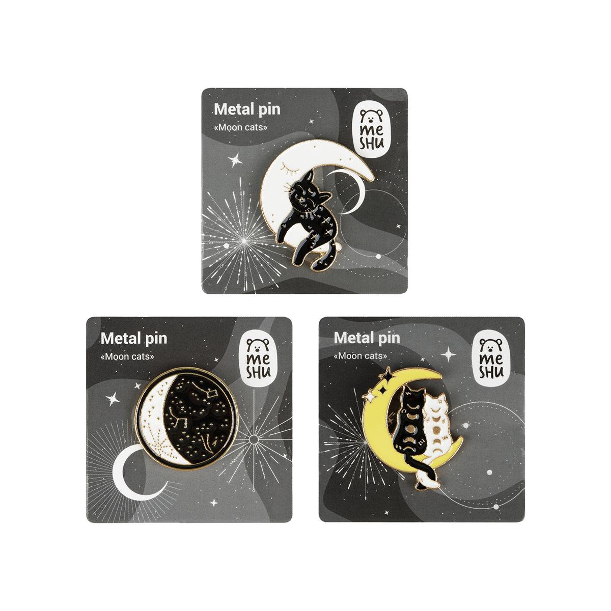 Набор металлических значков MESHU "Moon cats", эмаль, 3шт, картонная подложка, европодвес MS_60347