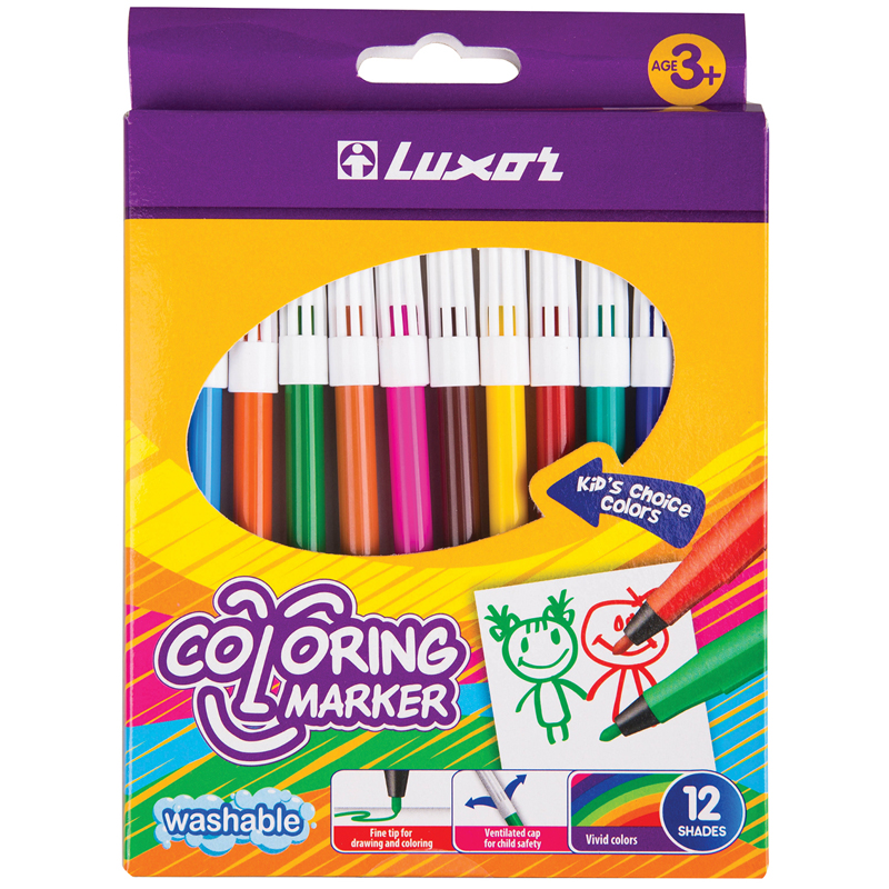 Фломастеры Luxor "Coloring", 12цв., смываемые, картон, европодвес 6101/12 BOX