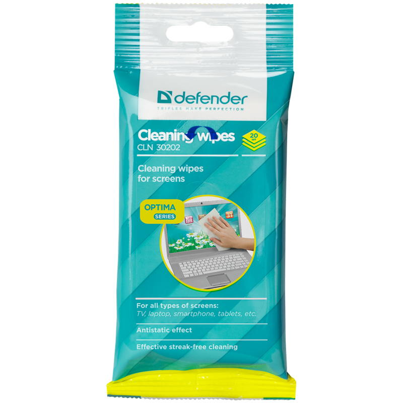 Салфетки чистящие влажные Defender, для мониторов, в мягкой упаковке, 20шт. 30202