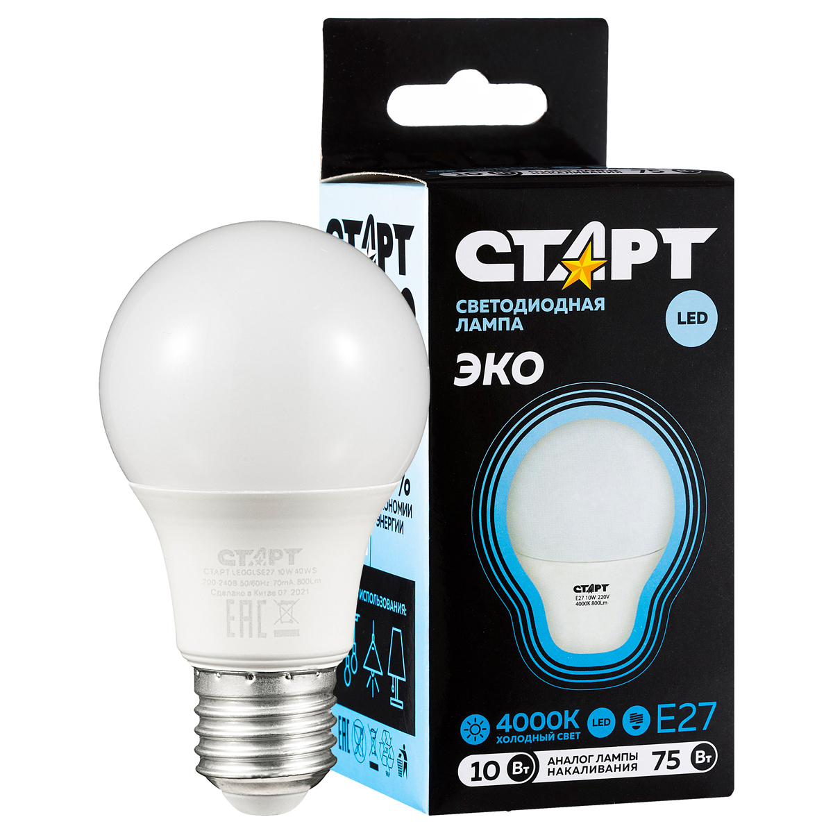 Лампа светодиодная Старт LED, серия "WS" 10W40, тип А "груша", E27, 4000К, нейтральный свет, 25000ч 17290