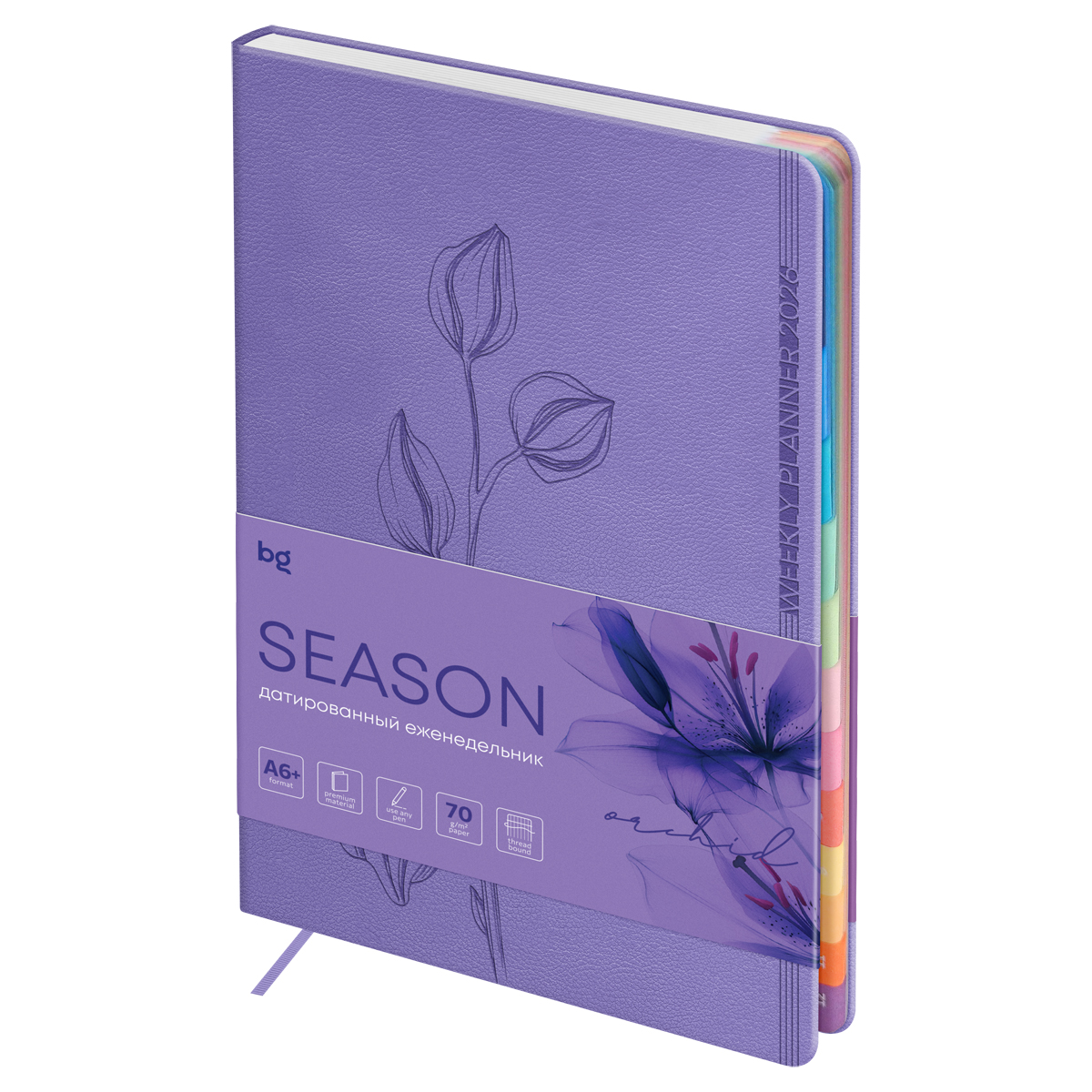 Еженедельник датированный 2026г., А6+, 80л., мягкий переплет, кожзам, BG "Season. Orchid", сиреневый, полноцветный вырубной блок Wd_66082