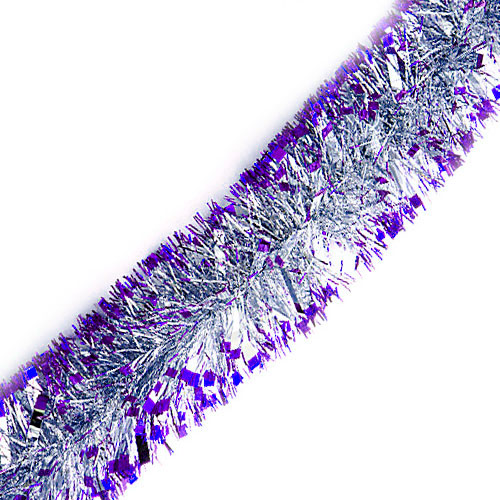 Мишура 2,4м d-8см серебристая полоски с фиолетовыми кончиками