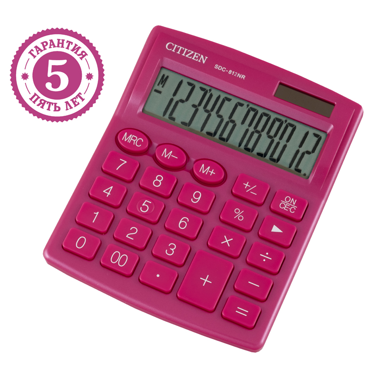 Калькулятор настольный Citizen SDC-812NR-PK, 12 разрядов, двойное питание, 102*124*25мм, розовый SDC-812NR-PK