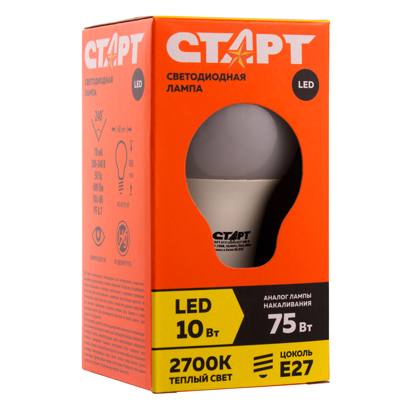Лампа светодиодная Старт LED, серия "ЭКО" 10W30, тип А "груша", E27, 2700К, теплый свет,15000ч 10662/14823