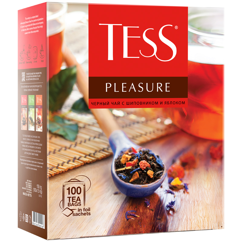Чай Tess "Pleasure", черный, тропич. фрукты, лепестки цветов,шиповник,яблоко, 100 фольг.пак. по 1,5г