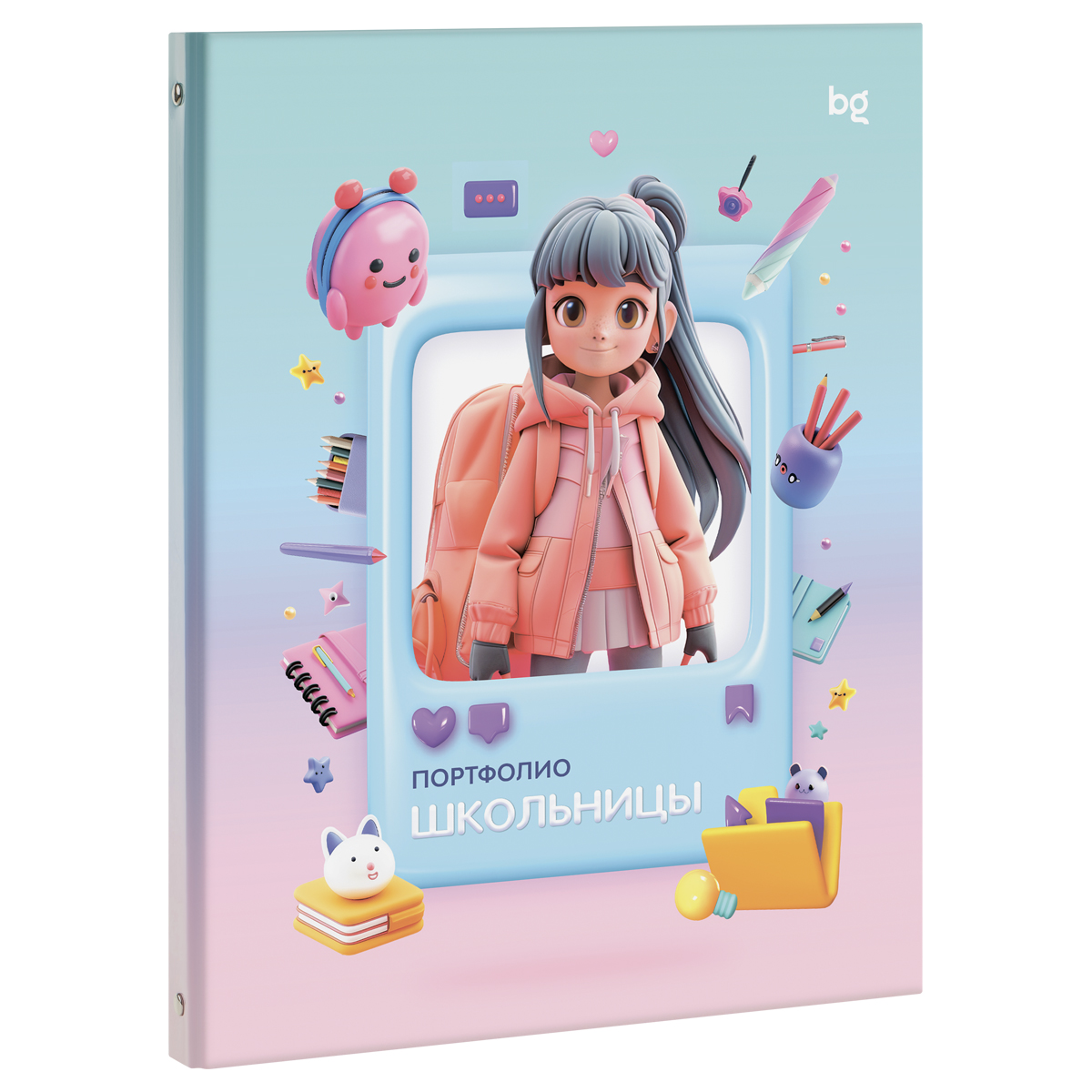 Папка-портфолио 7БЦ А4 BG, на 4 кольцах для школьницы, 20 файлов, 10 вкладышей 368049