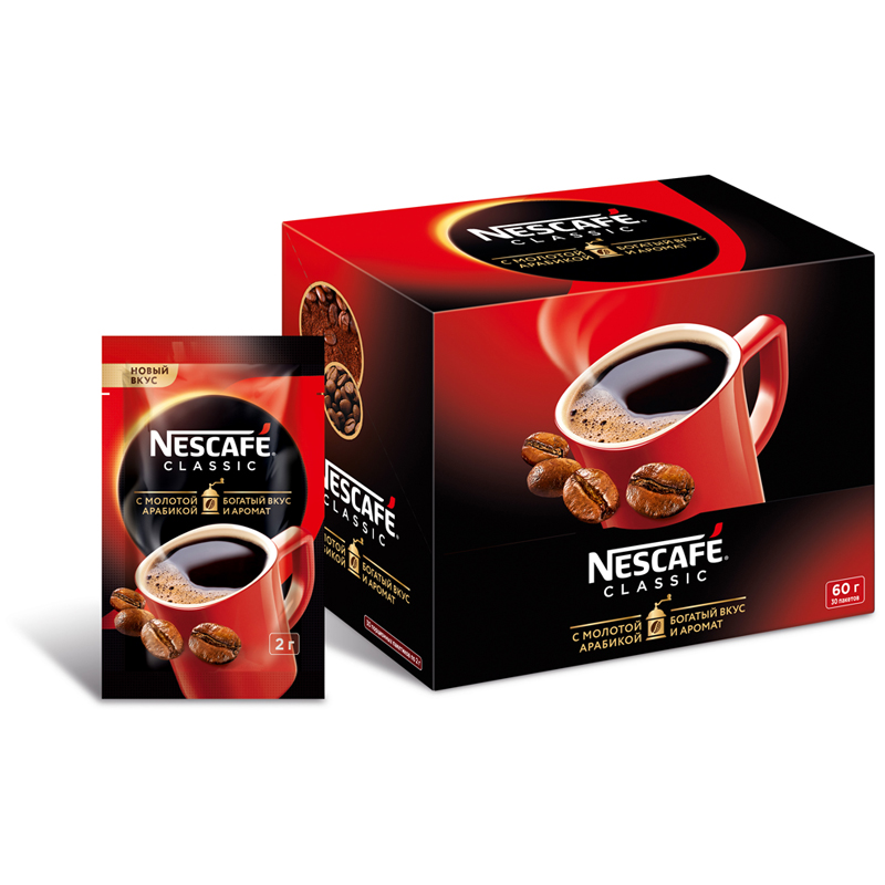 Кофе растворимый Nescafe "Classic", гранулированный/порошкообразный, с молотым, порционный, 30 пакет