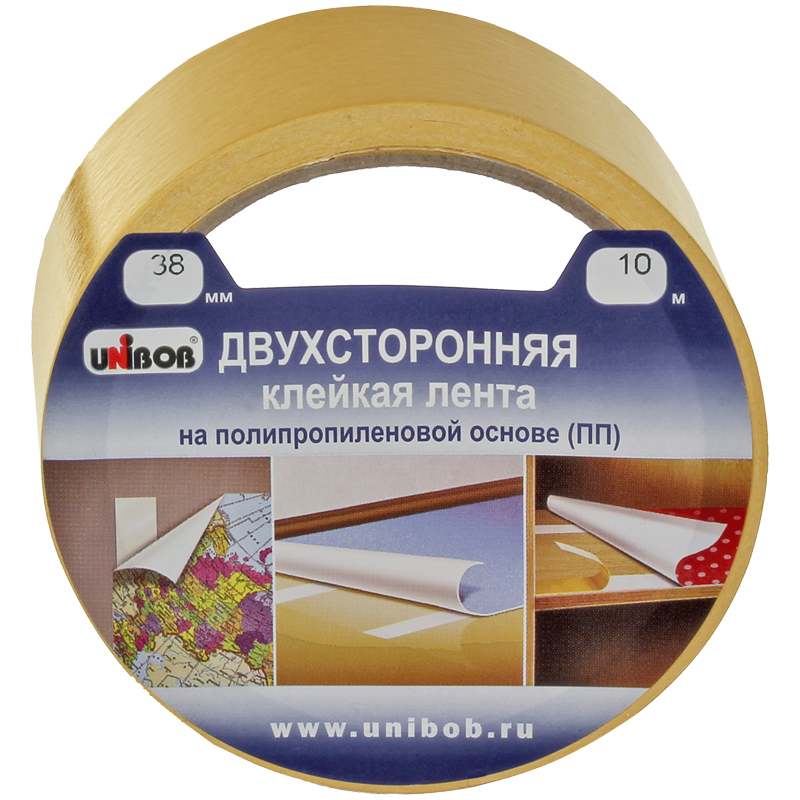 Клейкая лента двусторонняя Unibob, 38мм*10м, полипропилен, инд. упаковка 38566
