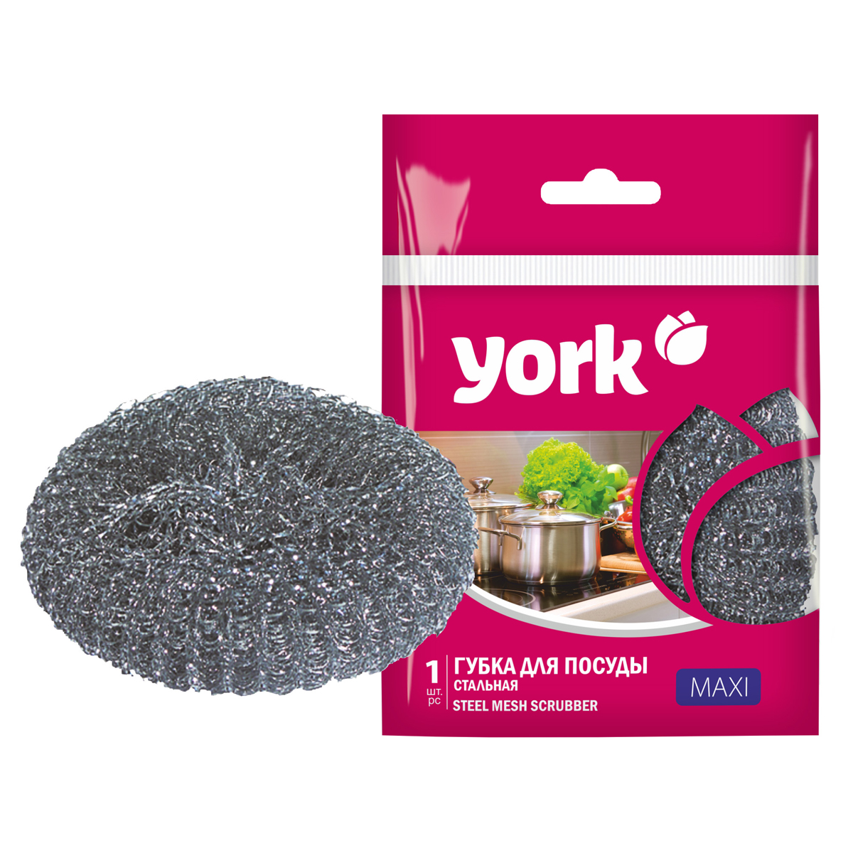 Губка для посуды York "Макси", металлическая, 1шт., 11*11*3см 3020