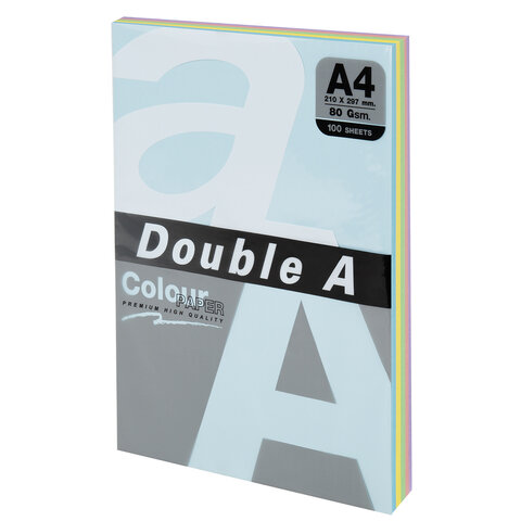 Бумага цветная DOUBLE A, А4, 80г/м2, 100 л, (5 цветов x 20 листов), микс пастель, ш/к