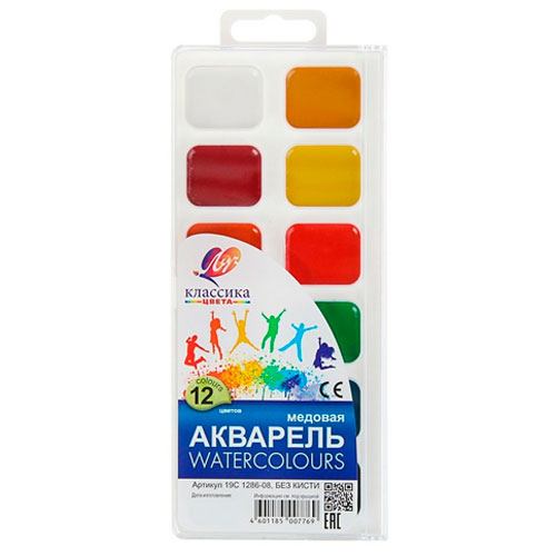Краски акварельные 12цв Луч "Классика", медовые, без кисти, пластиковая упаковка, европодвес