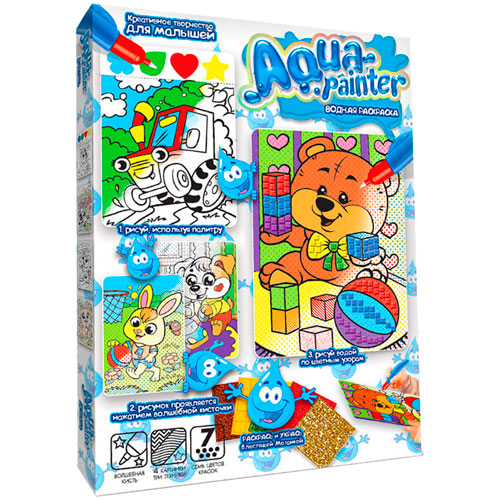 Набор для творчества Danko toys "Aqua painter. Медвежонок", волшебная кисточка, блестки разноцветные, 5 наклеек AQP-01-06