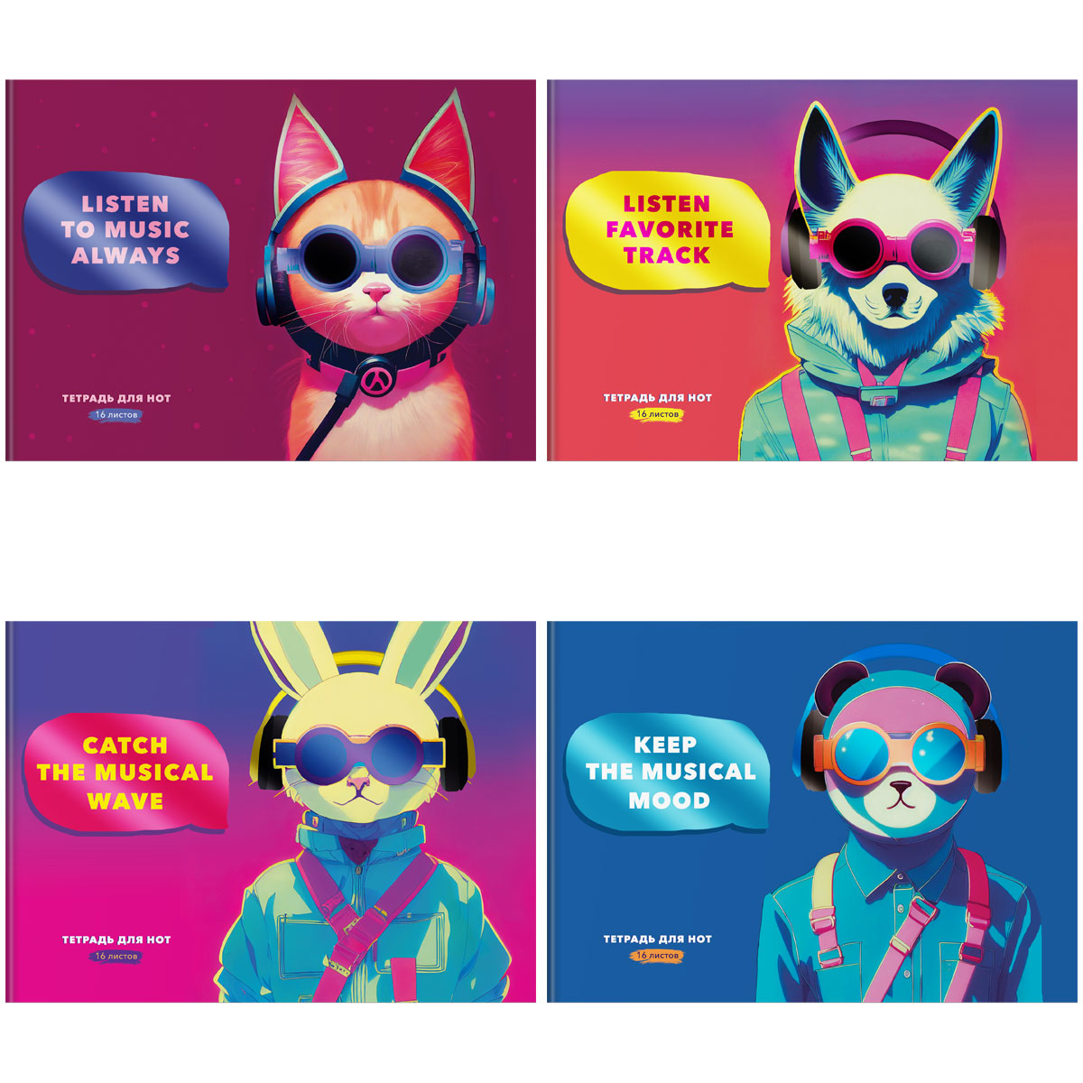 Тетрадь для нот 16л., А4, на скрепке BG "Musical animals", выборочный УФ-лак, (гориз.) ТН4ск16 12432