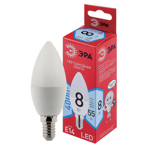 Лампа светодиодная ЭРА, 8(55)Вт, цоколь Е14, свеча, нейтральный белый,25000ч, LED B35-8W-4000-E14 Б0