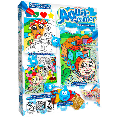 Набор для творчества Danko toys "Aqua painter. Паровозик", волшебная кисточка, блестки разноцветные, 5 наклеек AQP-01-03