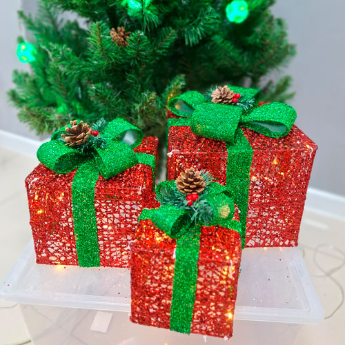 Подарок светящийся под елку, комплект 3шт красный, бант зеленый