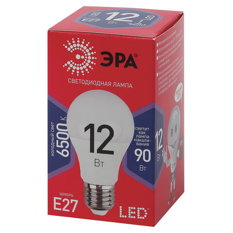 Лампа светодиодная ЭРА, 12(90)Вт, цоколь Е27, груша, холодный белый, 25000ч, LED A60-12W-6500-E27 Б0