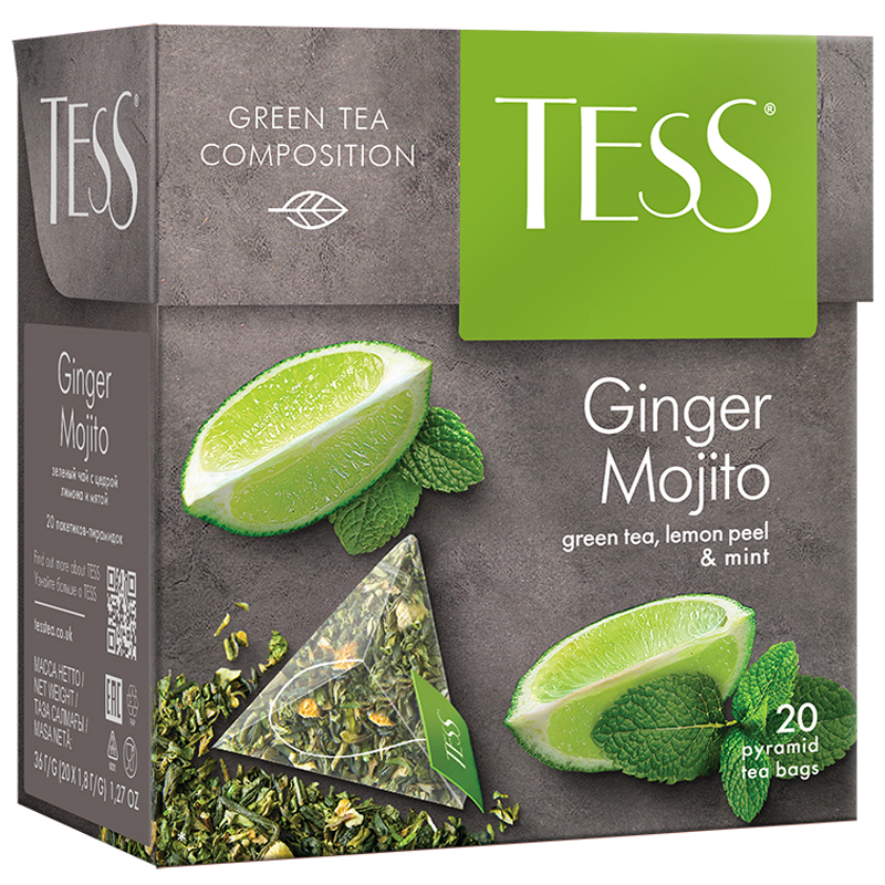 Чай Tess "Ginger Mojito", зеленый, цитрус, имбирь, мята, 20 пакетиков-пирмидок по 1,8г 0788-12