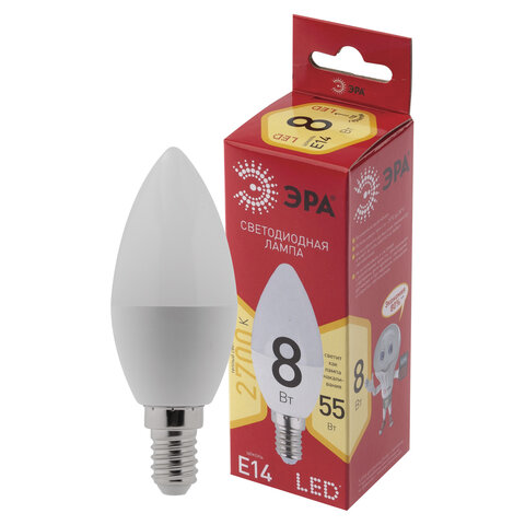Лампа светодиодная ЭРА, 8(55)Вт, цоколь Е14, свеча, теплый белый, 25000ч, LED B35-8W-2700-E14 Б00506