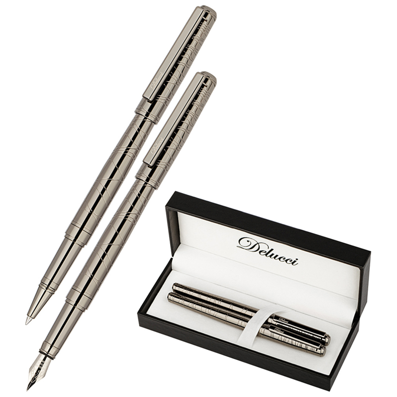 Набор Delucci "Mistico": ручка перьевая 0,8мм и ручка-роллер 0,6мм, черные, оруж. металл, подарочная
